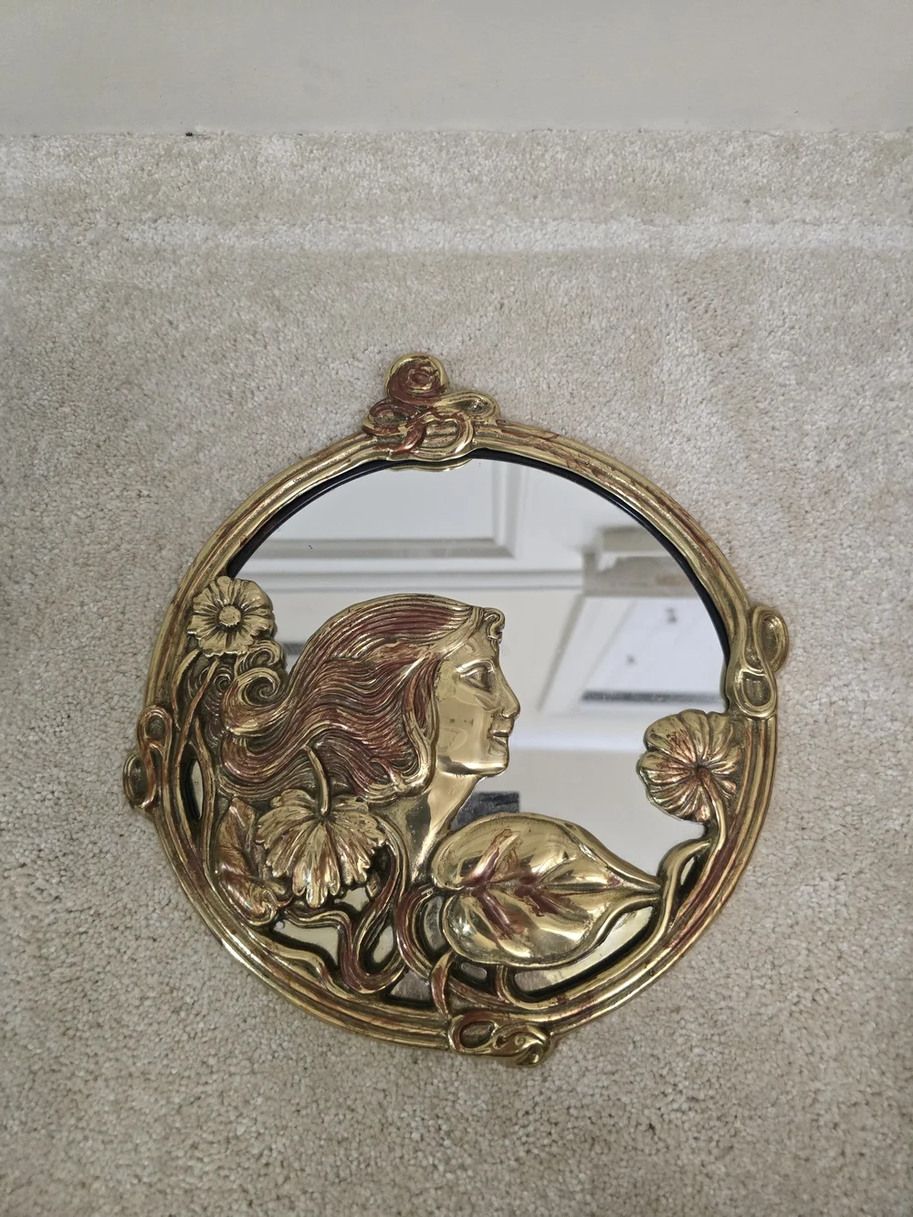 Art Nouveau Gold Decorative Round Wall Mirror with Floral Woman Motif